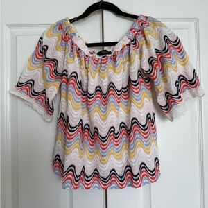 Vici Multicolor Wave-Pattern, Embroidered, Off-the-shoulder Top